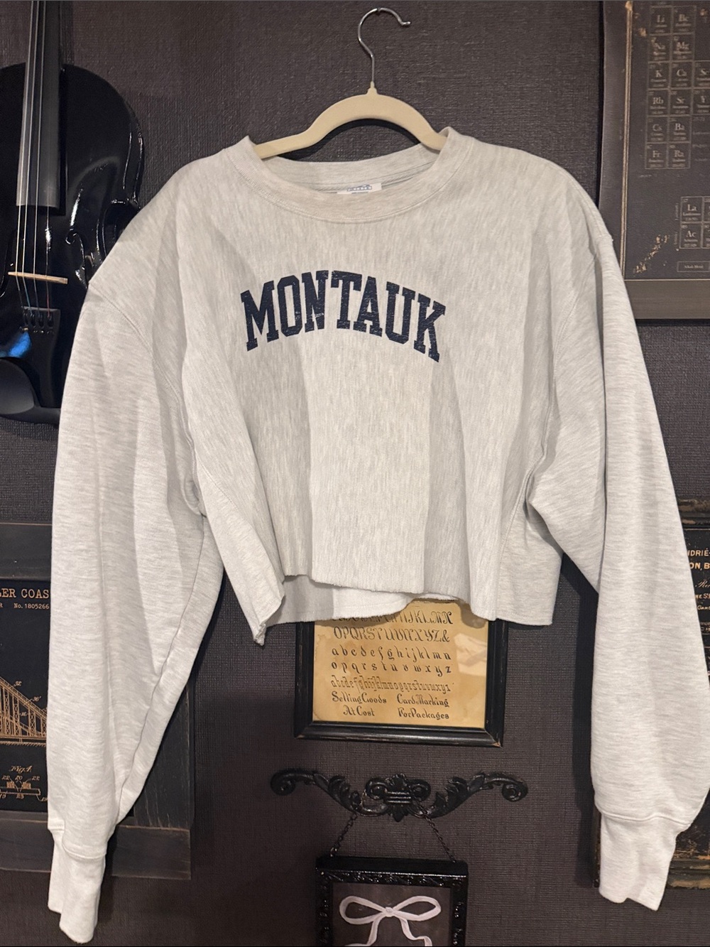 Montauk, NY Champion Light Gray Cropped Sweatshirt with Navy lettering